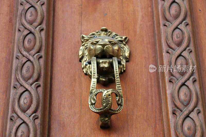 在Beyoglu istikal Caddesi上的一个木制门的金属狮子头门把手